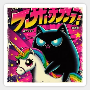 Mystical Black Cat Riding Colorful Unicorn Magnet